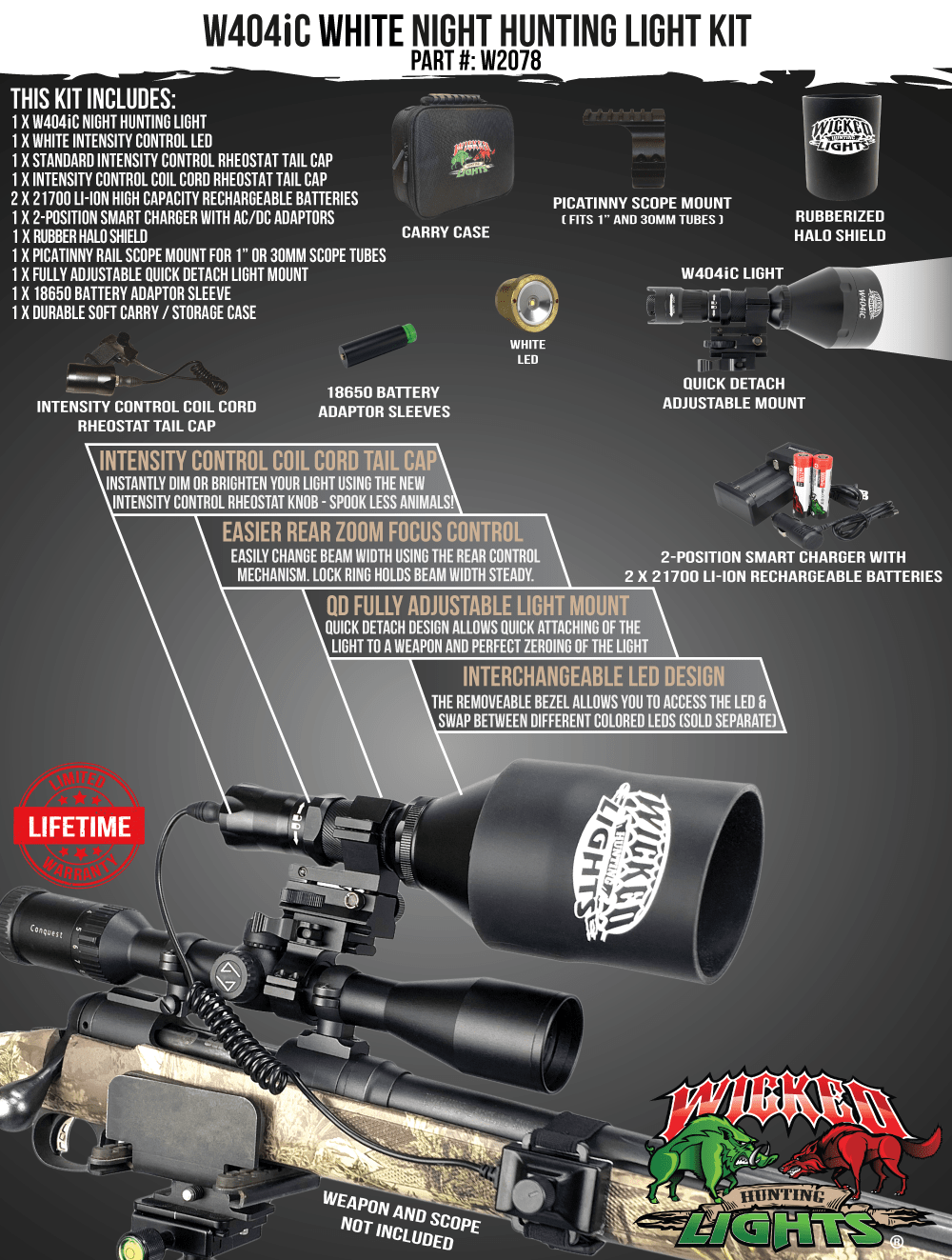 Wicked Lights® W404iC WHITE Night Hunting Light  Kit for Hog, Coyote, and Predators W2078