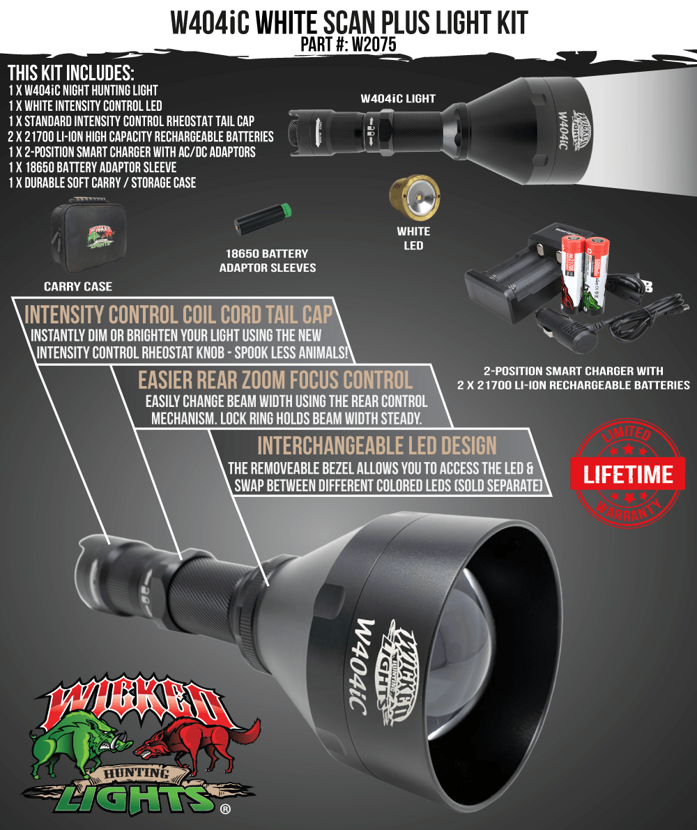 Wicked Lights® W404iC WHITE Scan Plus Flashlight Night Hunting Light for Hog, Coyote, and Predators W2075