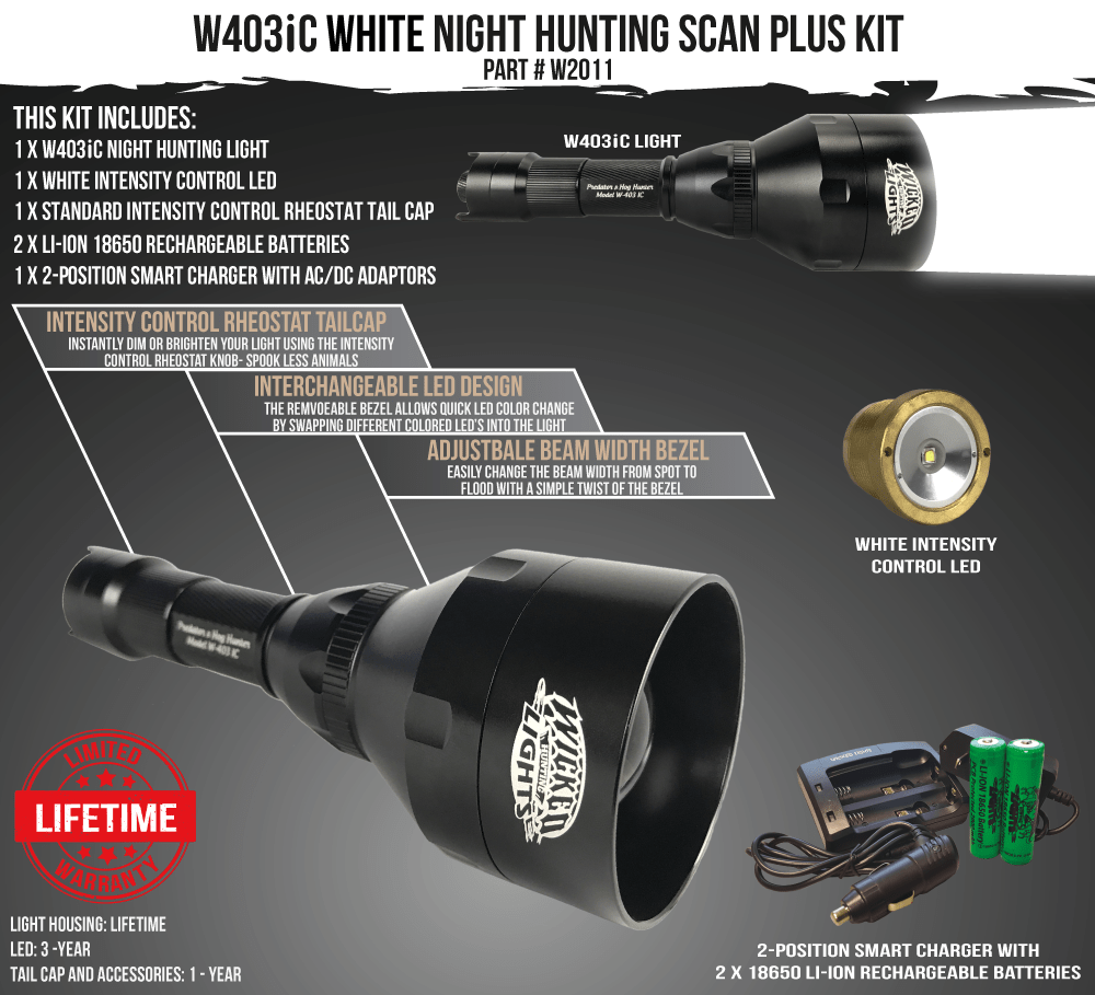 Wicked Lights™ W403iC Intensity Control Scan Light Plus Night Hunting Light with WHITE LED for Predator, Hog, varmints W2011